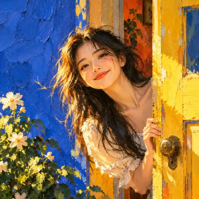 A young Asian woman with a natural, relaxed expression peeks through a vibrant lemon-yellow doorway. The background features high-saturation cobalt blue with contrasting orange-red, magenta, and emerald green. Sunlight creates bright golden highlights on her face and shoulders, contrasting with cool blue-purple shadows, showcasing thick, textured oil paint brushstrokes.