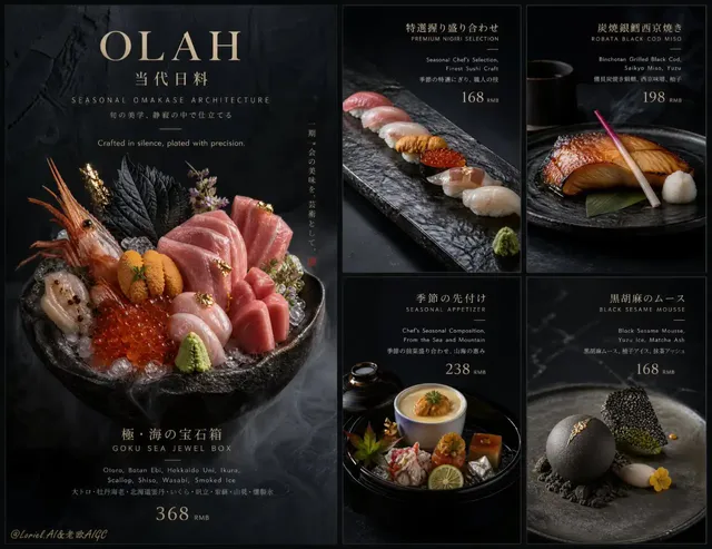 Ultra-premium five-panel Japanese restaurant campaign board for OLAH, featuring a large hero panel with sculpted seafood and four smaller panels with sushi, robata, appetizer, and dessert. Set in a cold, dark, architectural luxury environment with refined typography.