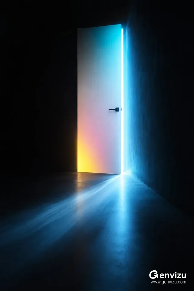 A tall, matte-white door in a dark architectural void, slightly ajar, emitting a bright cyan-blue light that spills onto the floor as a diagonal beam. The light has a long-exposure effect with smooth color transitions.