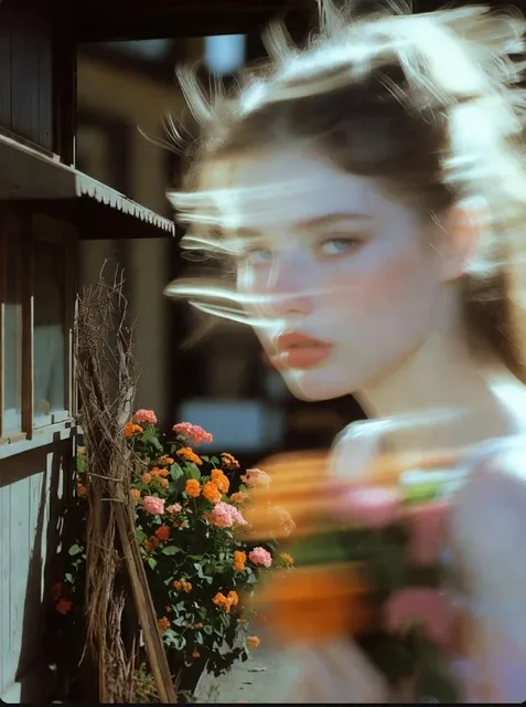 A retro film portrait of a fair-skinned young woman with delicate features, captured with motion blur and prominent film grain, holding flowers near a vintage newsstand.
