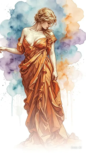 Semi-realistic digital portrait with detailed engraved shading, blending into a soft watercolor background with subtle blue, cyan, purple, and orange hues.