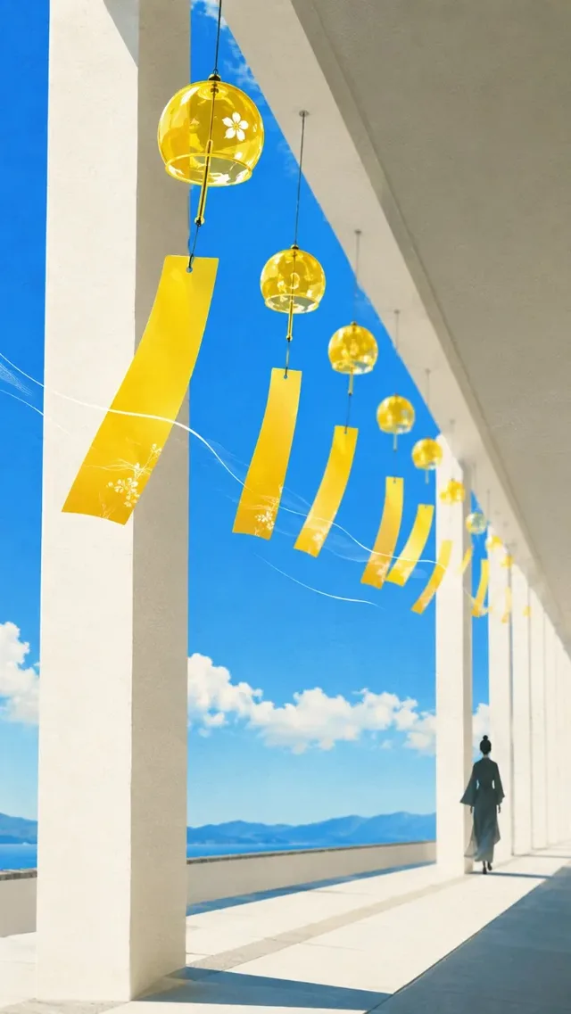 Minimalist poster with a person walking past bright yellow wind chimes in a white corridor, against a deep blue sky, with a paper texture.