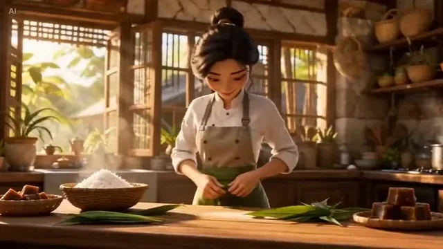 A young Southeast Asian woman smiling as she prepares green mochi dumplings in a rustic, sunlit kitchen, with a close-up shot of the finished mochi revealing a gooey filling.
