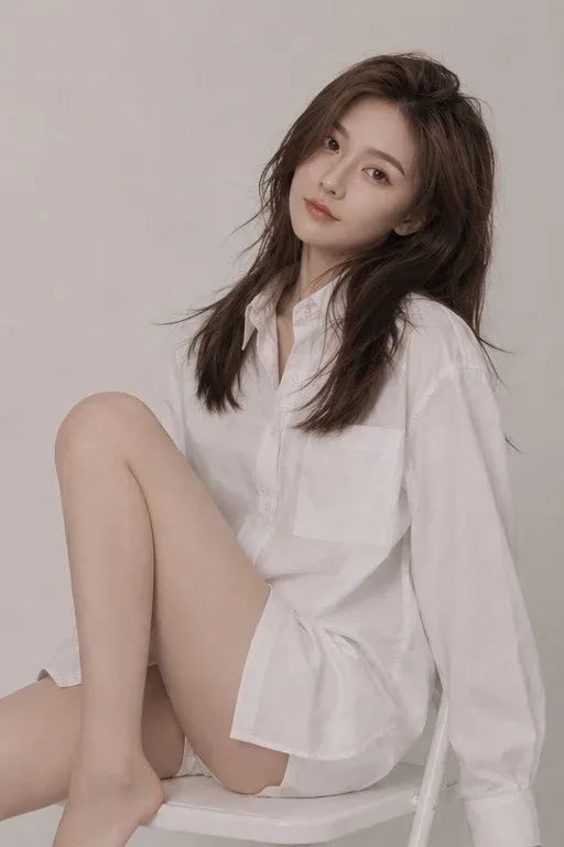 A young East Asian woman stands in a studio, turned slightly away from the camera, looking back with a calm, gentle expression. She has long, dark, wavy hair and wears a loose white shirt. The background is a soft gradient of warm grey and off-white.