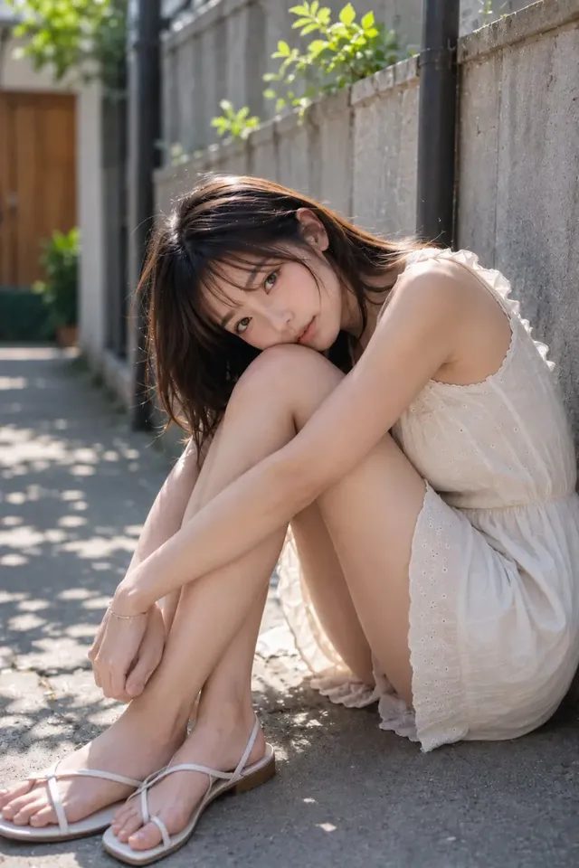 A young woman with dark brown hair sits on the ground in a narrow alley, leaning against a concrete wall, hugging her knees. She gazes directly at the camera with a serene, slightly melancholic expression, bathed in soft, natural sunlight.