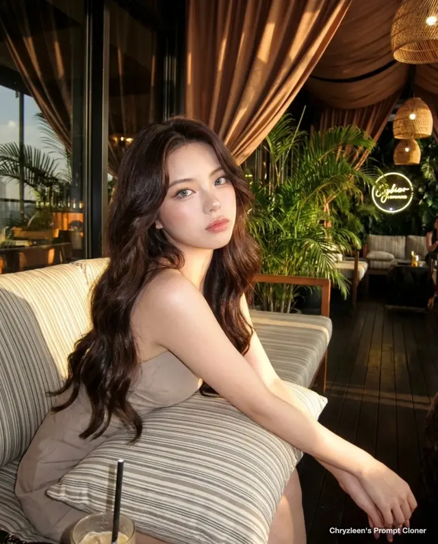 Woman sitting on a sofa in a dimly lit restaurant, looking at the camera with a poised expression, wearing a mini dress and makeup, with tropical plants and warm lighting in the background. Captured with a retro digital camera effect.