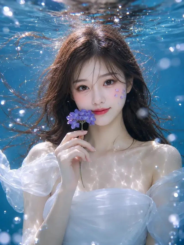Ultra-photorealistic portrait of a young East Asian woman underwater, close-up, direct eye contact, soft wavy brown hair, white chiffon dress, holding a hydrangea, surrounded by bubbles and light caustics.