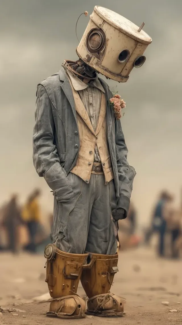 Full-body portrait of a humanoid with a vintage mechanical robot head, wearing a Victorian suit, standing in a dusty, deserted landscape.