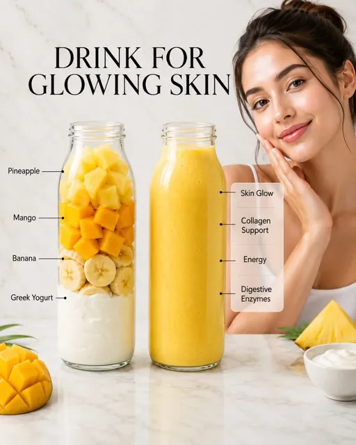 Minimalist luxury wellness poster for a detox drink featuring two bottles, healthy ingredients, and a model.