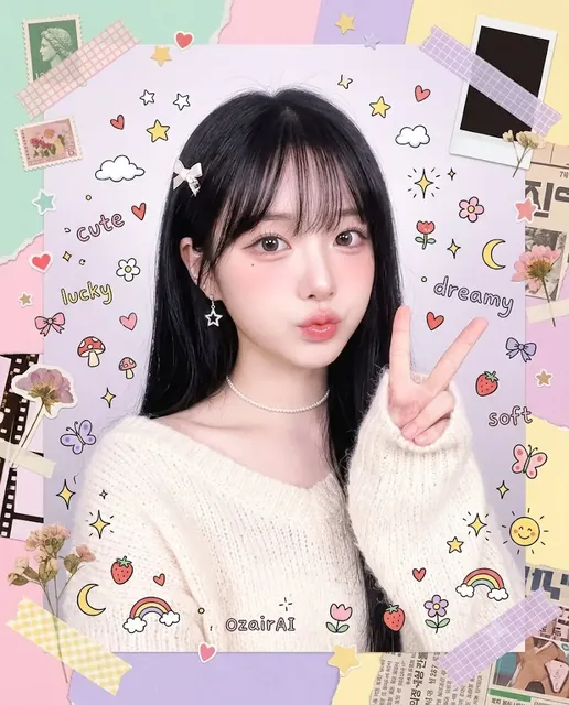 Dreamy Korean aesthetic portrait of a cute girl with pastel collage elements, hand-drawn doodles, and soft lighting.