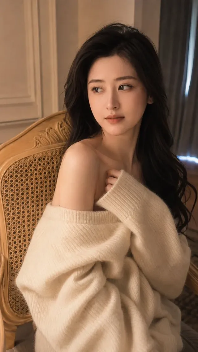 A young East Asian woman with long, wavy dark hair sits in a vintage rattan chair, wearing a cream off-the-shoulder knit sweater. She has a gentle expression and looks towards the viewer, with warm, soft lighting highlighting her features and the textures of her clothing and the chair.
