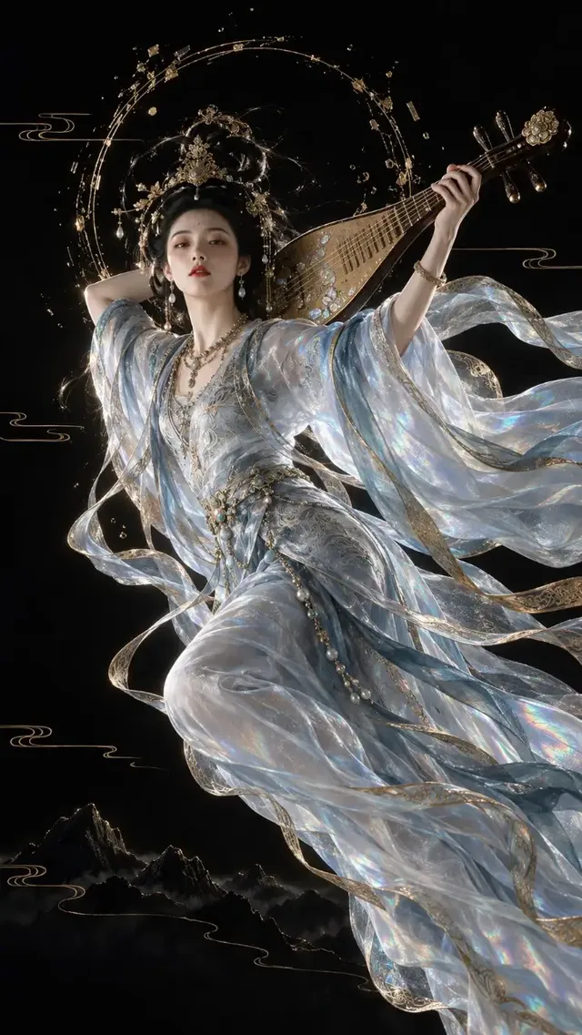 A graceful East Asian woman in a flowing, translucent icy-blue silk robe plays a pipa while suspended in a dark void, accented by gold details and dramatic lighting.