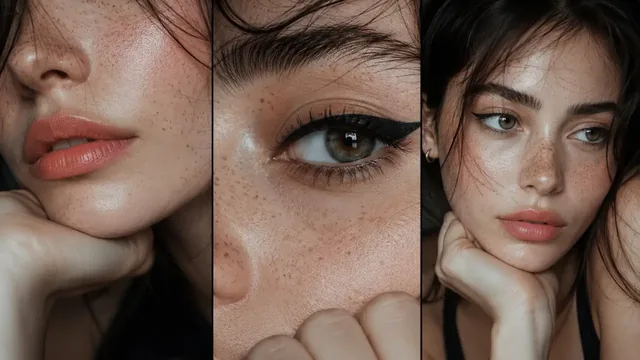 Triptych of extreme close-up macro shots of a woman's face, highlighting skin texture, eye details, and lips.