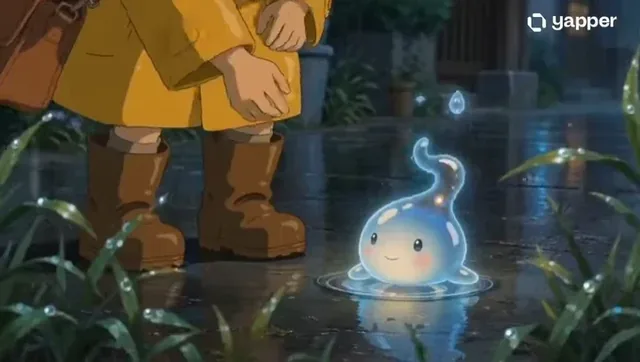 A young boy in a yellow raincoat and red umbrella floats upwards into a twilight sky filled with stars and glowing blue spirits.