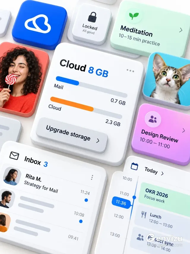 A top-down oblique view of floating, overlapping UI cards in a Microsoft Fluent-inspired design, showcasing cloud storage, mail, and scheduling features on a warm-white background.