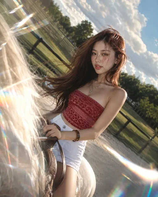 A beautiful woman with red hair rides a black horse in a countryside field at golden hour, wearing a red top and white shorts, with a soft smile and direct eye contact.