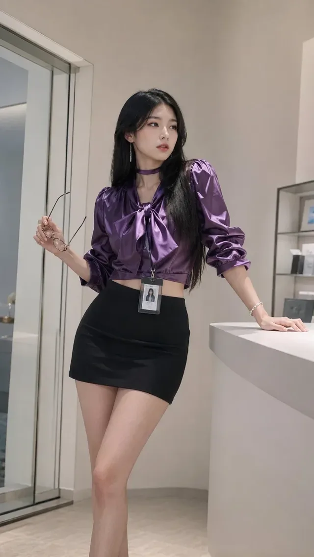 Full body shot of a beautiful young East Asian woman with long black hair, wearing a deep purple satin crop top and a black mini skirt. She holds thin-framed glasses in her right hand and a staff ID card. Shot from a low angle in a minimalist interior.