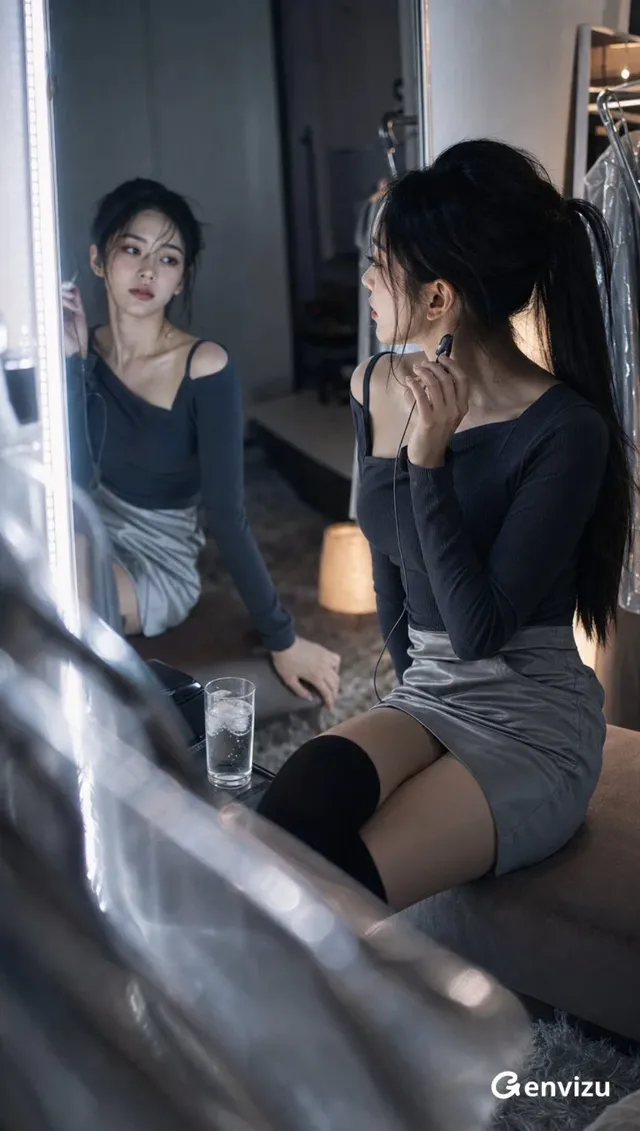 A young woman with dark hair pulled back sits on a stool by a large mirror, her reflection visible. She is wearing a dark grey long-sleeved top and a silver skirt, with headphones around her neck. The mood is quiet and introspective after a practice session.