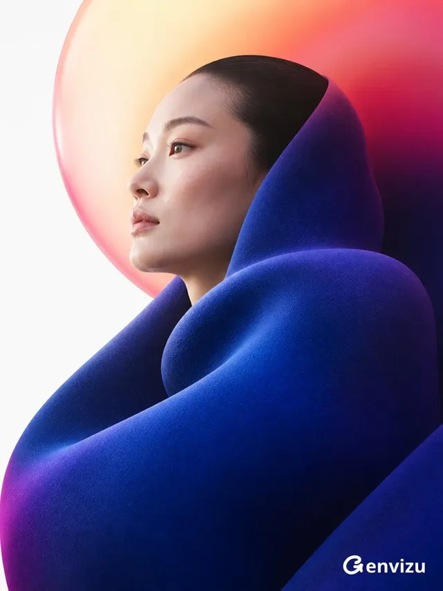 Surreal fashion portrait of an East Asian woman with serene expression, partially obscured by a large, soft, deep blue sculpture and a warm, translucent gradient orb behind her, on a white background.