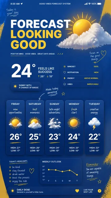 A striking 9:16 poster featuring a giant weather app interface predicting emotions like 'new opportunities' and 'creative energy', set against a cobalt blue and yellow background w