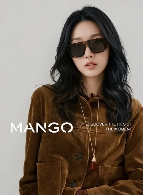 Medium shot portrait of a young East Asian woman wearing sunglasses and a brown suede jacket, with 'MANGO' and 'DISCOVER THE HITS OF THE MOMENT' text.