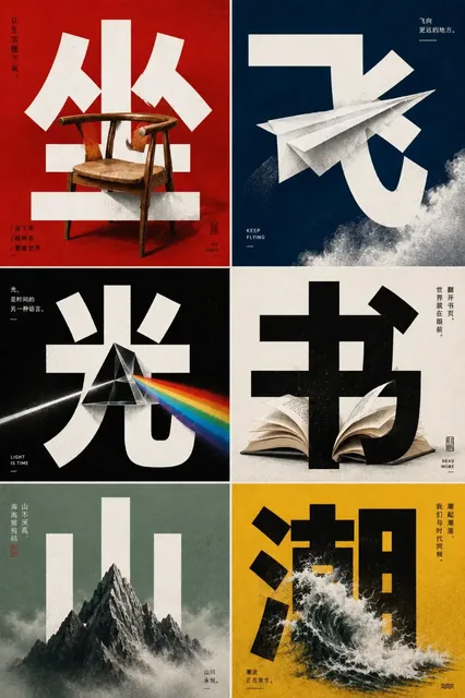 Bold Chinese character with an object integrated into its strokes, semi-tone texture, and solid color background.