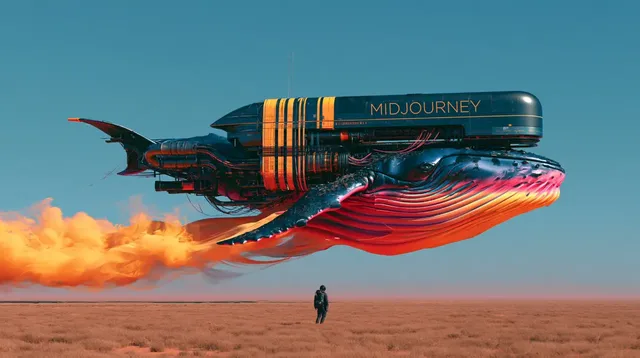 A mechanical whale flying over a vivid desert landscape with bright and colorful scenery.