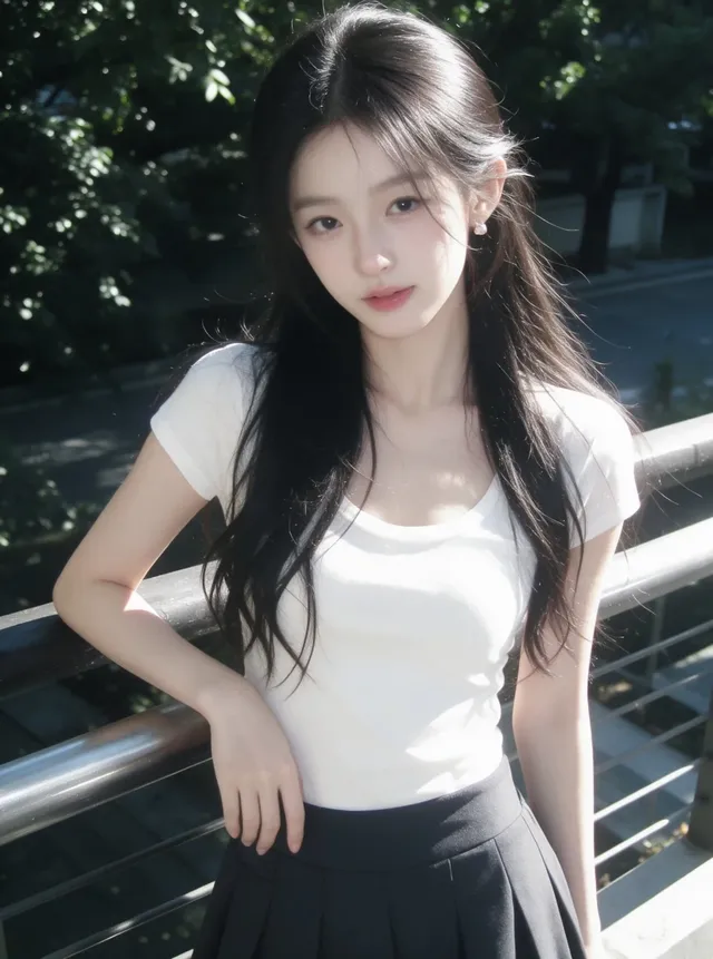 A young woman leaning against an outdoor railing in a candid photo with soft sunlight and subtle CCD noise.