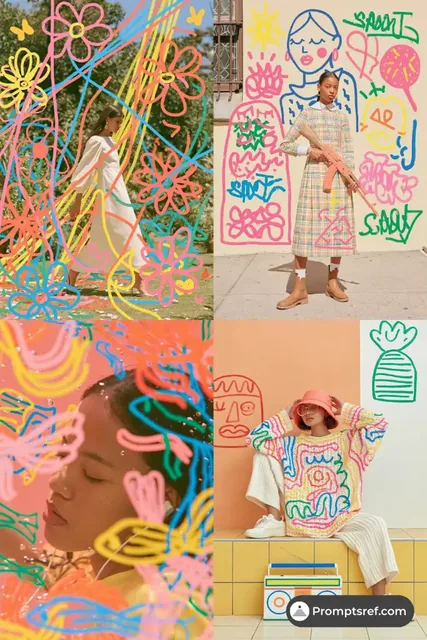 A vibrant neon graffiti doodle overlay with thick marker strokes and playful symbols on a photographic background.