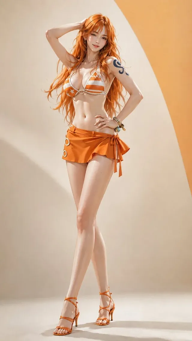 A semi-realistic anime-style depiction of a One Piece female character, styled as a high-fashion magazine cover model, with studio lighting and a clean background.