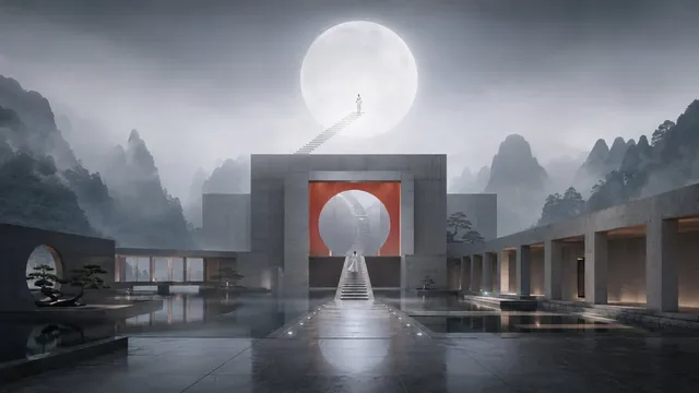 A breathtaking, wide-angle cinematic shot of a futuristic Chinese building, bathed in dramatic light and shadow, with subtle hints of lunar mythology and the figure of Chang'e.