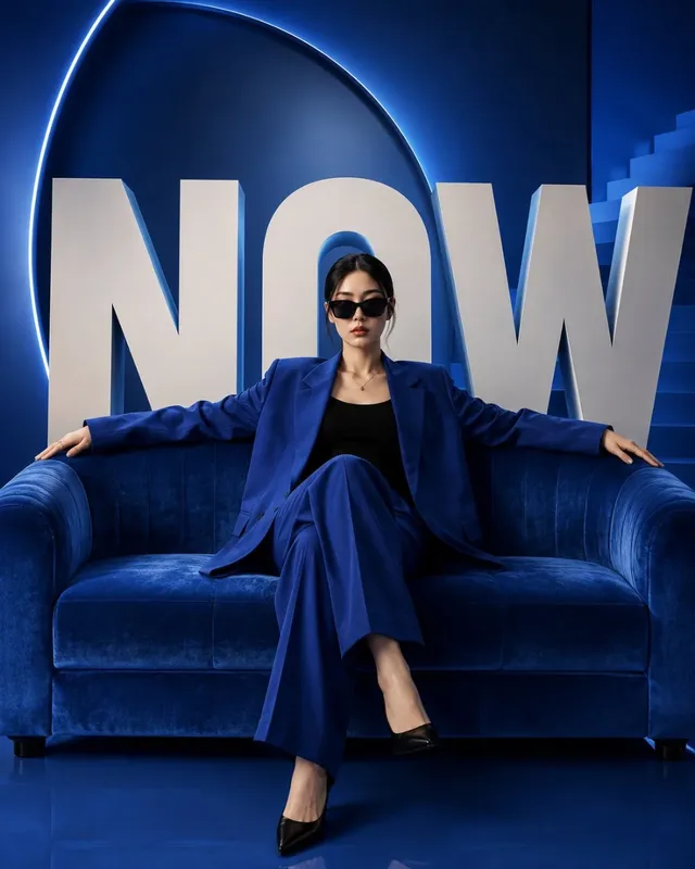 A young Korean woman with flawless skin and a low bun, wearing an oversized burnt-orange power suit and black sunglasses, sits confidently on a velvet sofa. Behind her, large ivory 3D letters spell 'NOW' against a vibrant orange gradient background.