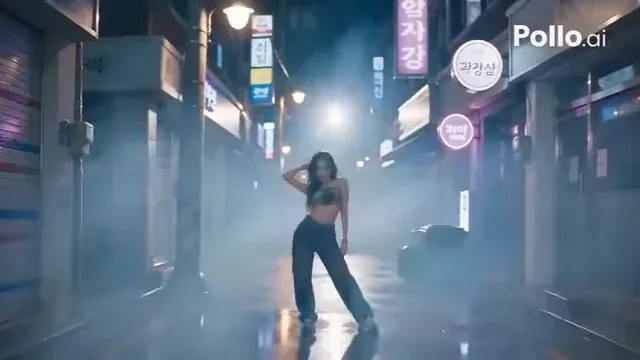 A young Korean woman with long dark hair performs K-pop choreography in a wet, neon-lit Seoul alleyway at night, with cinematic lighting and bokeh.