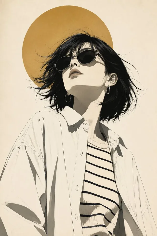 Low-angle three-quarter profile of a stylish woman with black bob hair and sunglasses, wearing an ivory shirt and striped top, against a minimalist background with a golden sun circle.