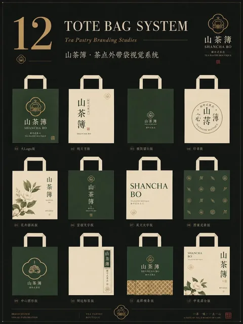 A collection of diverse takeaway bag designs for various brands, showcasing different visual styles like logo-centric, minimalist, typographic, and patterned.