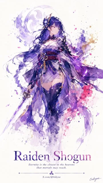 A minimalist 9:16 vertical art poster featuring Raiden Shogun in a watercolor style on a white background, with dynamic color splashes and a clean bottom layout.