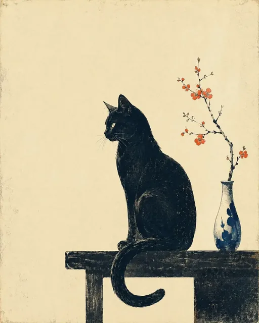 Minimalist retro Japanese woodblock print illustration of a solitary figure with clean lines and a limited color palette, emphasizing negative space and traditional aesthetics.