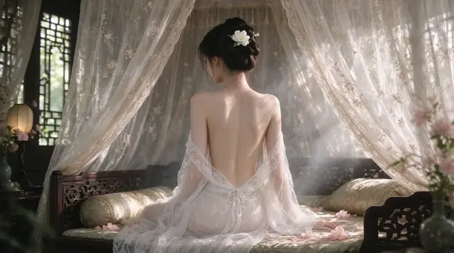 Back view of a young Chinese woman with a white flower hairpin sitting on an ancient carved wooden bed in a dreamy antique boudoir.