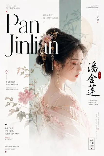 A stylized magazine cover with a semi-transparent portrait of Pan Jinlian, large elegant typography, and minimalist color blocks.