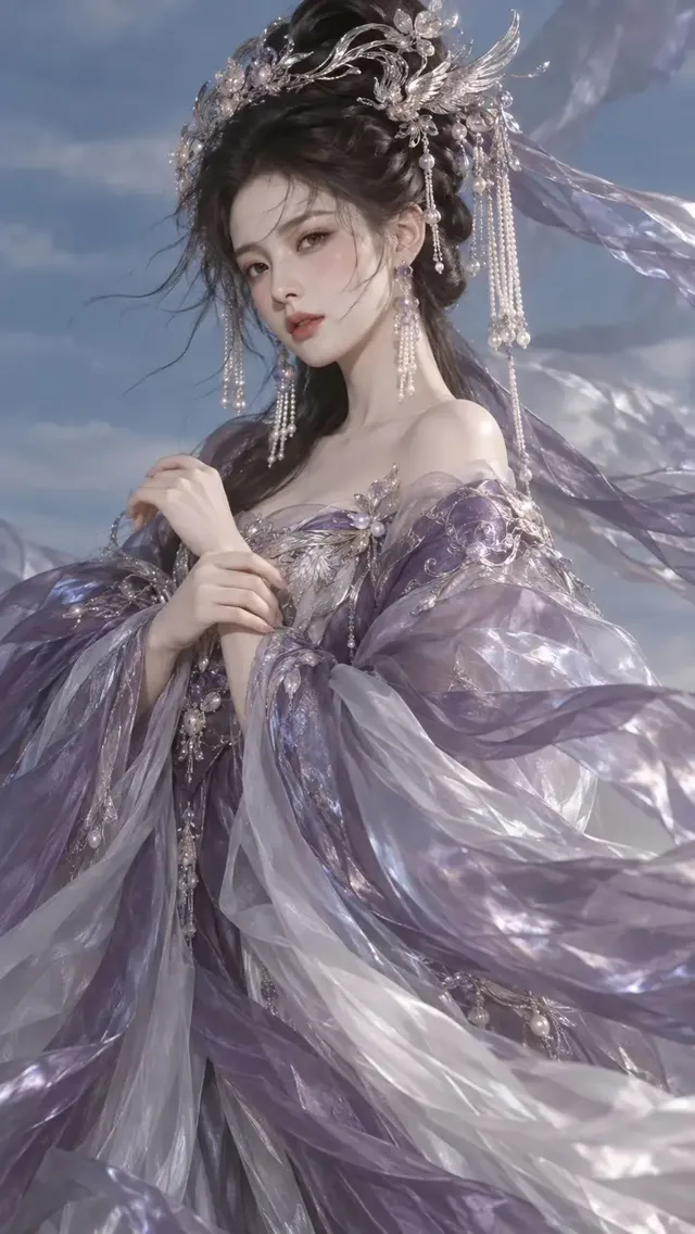 A hyperrealistic, cinematic vertical portrait of an East Asian woman depicted as a fantasy goddess. She has delicate features, wears an elaborate silver and purple phoenix crown with pearl tassels, and is adorned in a voluminous, translucent, iridescent gown. Her black hair is styled up with strands blowing in the wind. She stands against a soft blue sky with sparse clouds, her pose elegant and restrained.