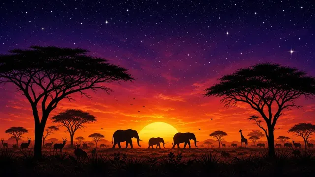 A stylized vertical poster illustration of an African safari at sunset, featuring silhouetted acacia trees and wildlife against a vibrant violet-to-orange gradient sky with stars.
