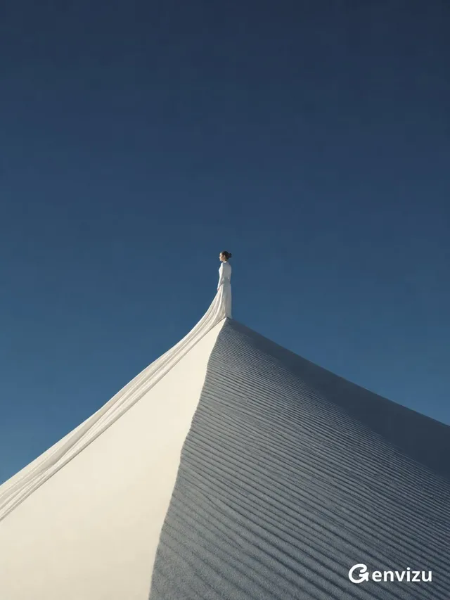 A slender woman in a white dress stands on a sharp, white sand dune. The sky is deep blue-grey and cloudless. The image has a minimalist, surrealist aesthetic with strong shadows and textures.