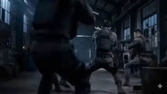 A dark warrior in a massive, moonlit industrial warehouse, depicted with multiple shadow afterimages and streaks of energy as he moves at super-speed to attack multiple enemies.