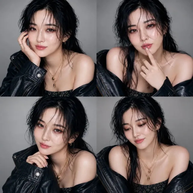 A 2x2 collage of a Korean woman's face with messy black hair, smoky eye makeup, and a melancholic expression, shown from different close-up angles.