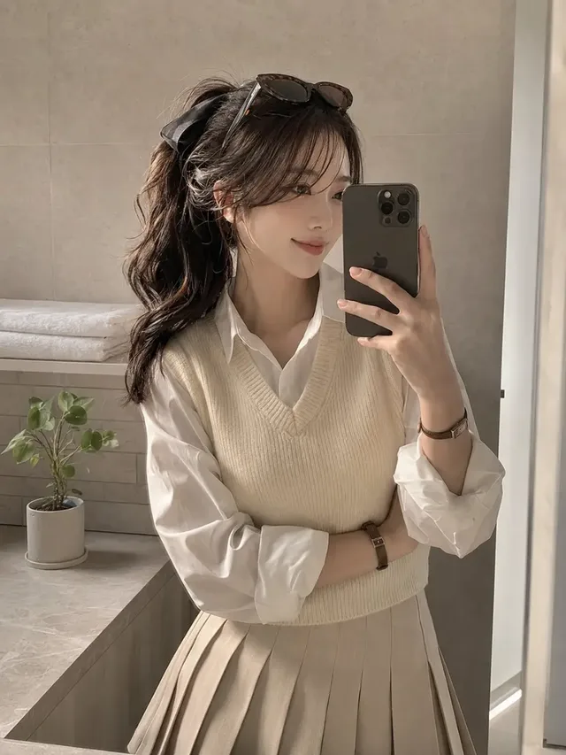 Young woman in a cream ribbed knit vest and pleated mini skirt takes a mirror selfie in a minimalist bathroom, wearing sunglasses on her head and a bow in her ponytail.