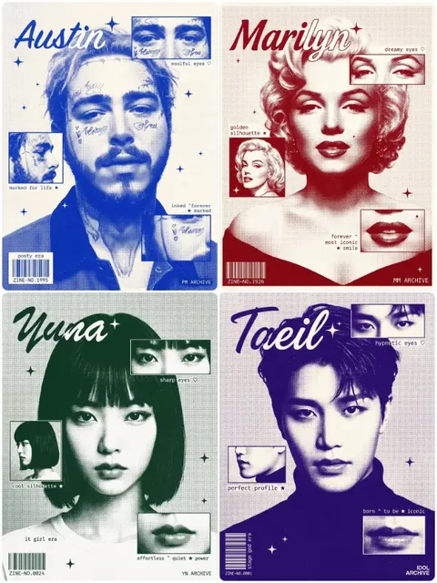 A duotone risograph-style fan zine poster with a central character portrait, inset panels, scattered text annotations, and a barcode.