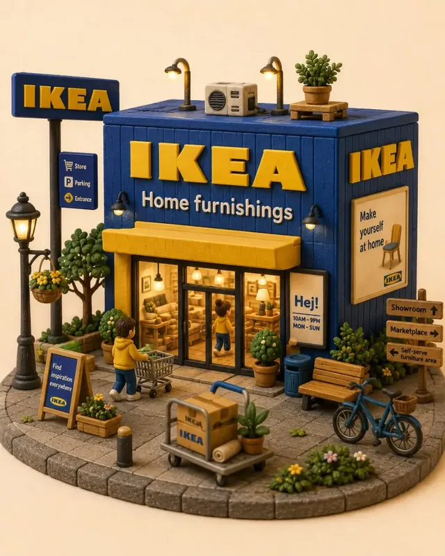 Handcrafted miniature diorama of a store, featuring a cozy clay storefront with realistic details like sidewalks, plants, and warm window lights, set against a soft cream background.