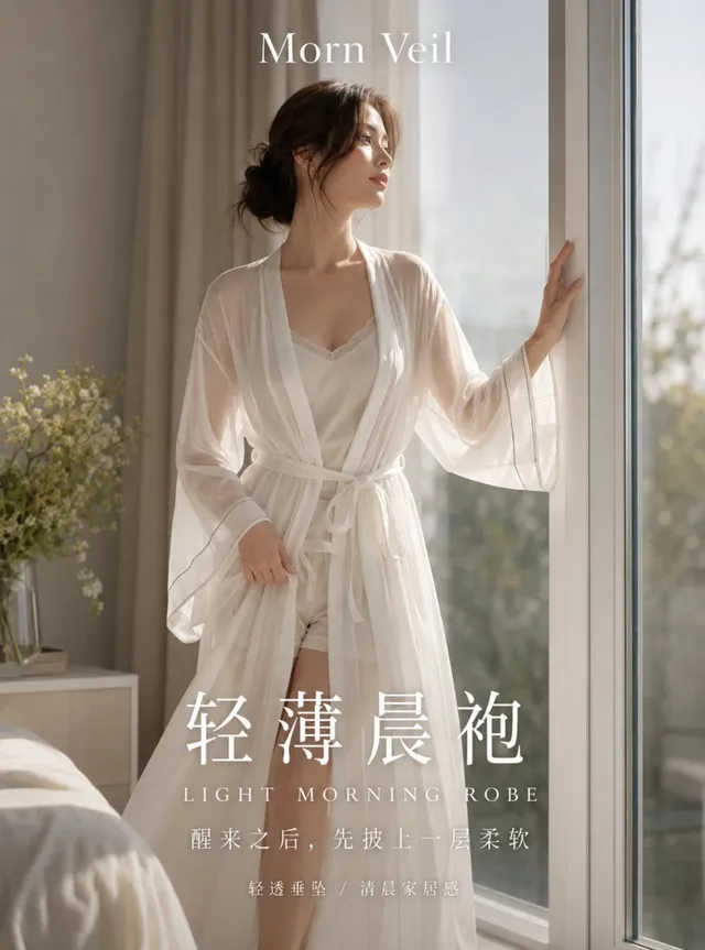 A young woman stands by a window in soft morning light, wearing a sheer white morning robe and delicate undergarments, with elegant text overlay.