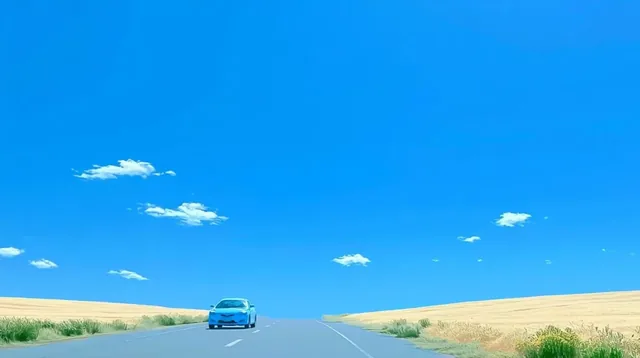 A blue car on a road through golden fields under a bright blue sky with white clouds.