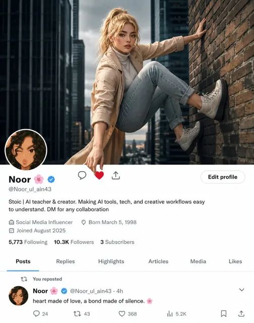 A photorealistic image of a woman in a beige trench coat and jeans, appearing to climb out of a social media profile on a brick wall, reaching to tap the 'like' button.